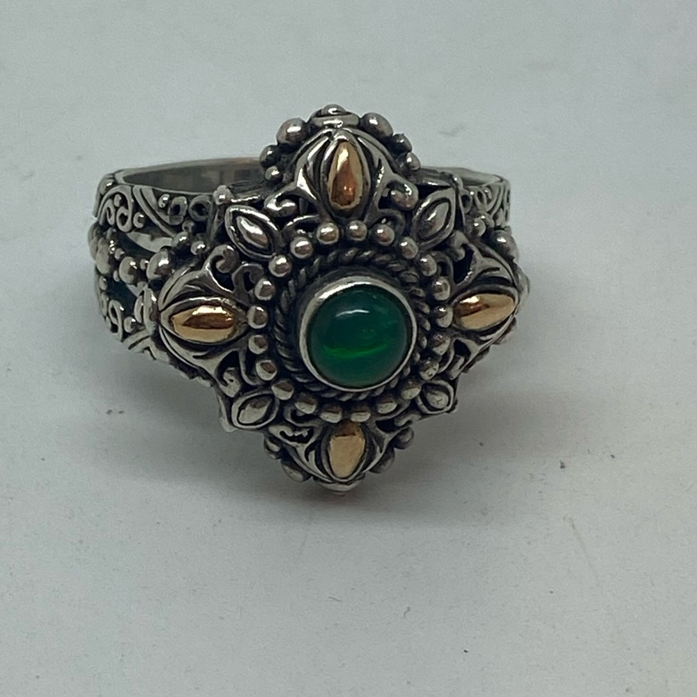 Sarda Sterling Silver & 18K Gold Accent Green Chalcedony Ornate Ring (Size 9) - Picture 2 of 5